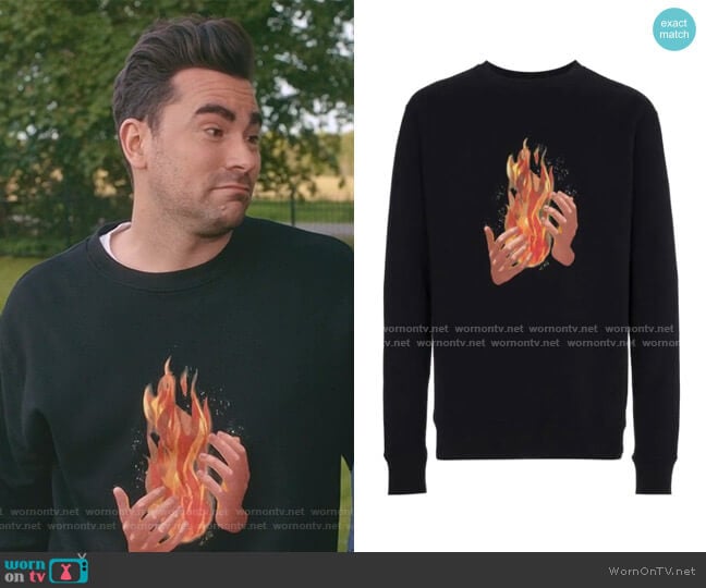 Off-White Fire Print Long Sleeve Sweatshirt worn by David Rose (Daniel Levy) on Schitts Creek