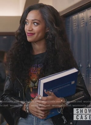 Olivia’s black tiger tee and leather jacket on All American