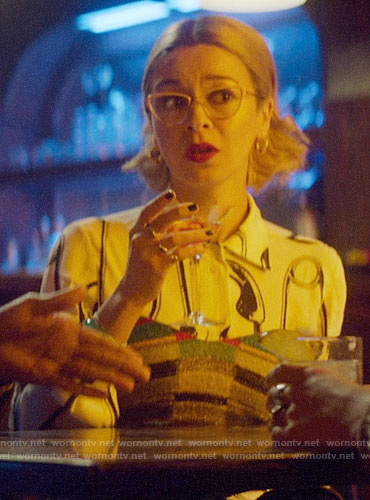 Pepper’s safety pin print top on Katy Keene