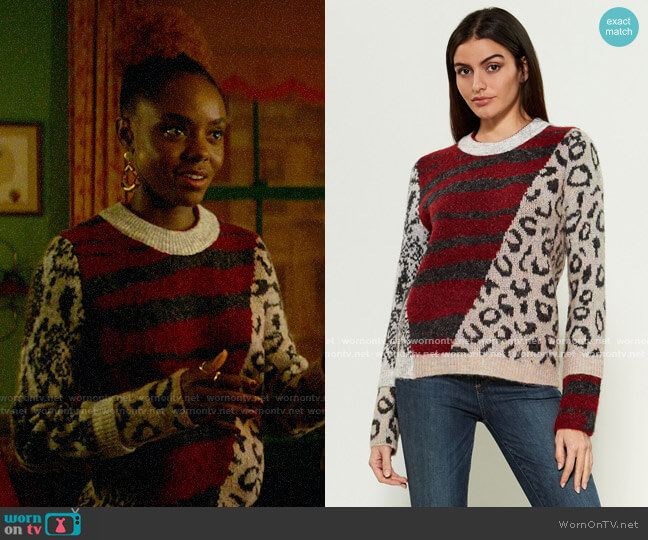 RD Style Multi Pattern Crewneck Sweater worn by Josie McCoy (Ashleigh Murray) on Katy Keene