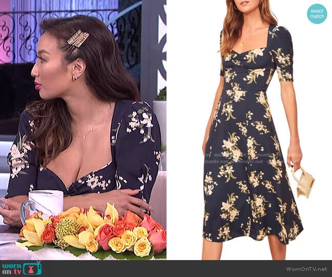 Reformation Matin Ruched Neck Midi Dress worn by Jeannie Mai on The Real