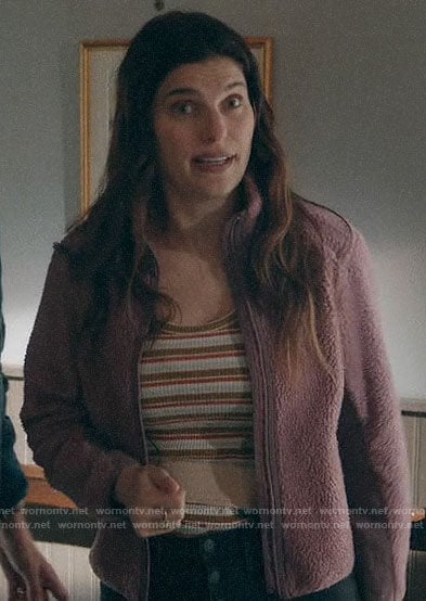 Rio’s striped top and purple fleece jacket on Bless This Mess