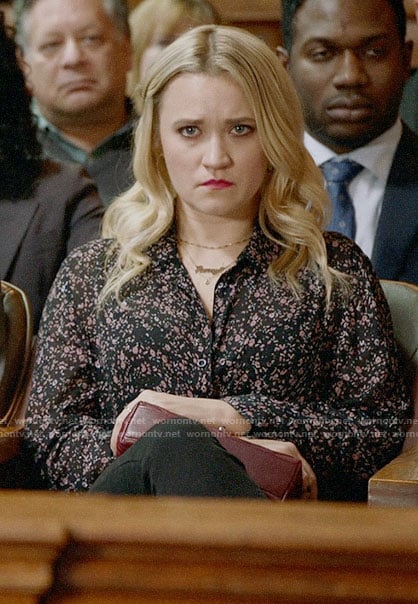 Roxy’s black and pink floral blouse on Almost Family