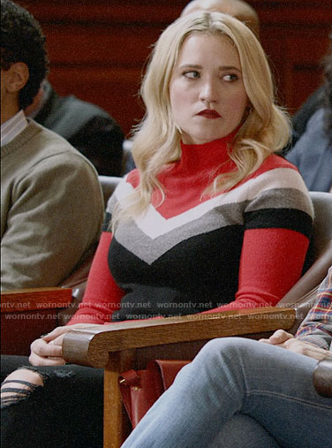 Roxy’s red chevron sweater on Almost Family