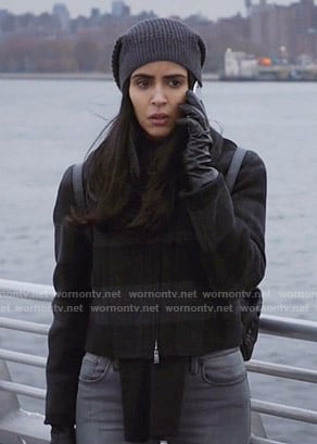Saanvi’s grey buffalo check jacket on Manifest