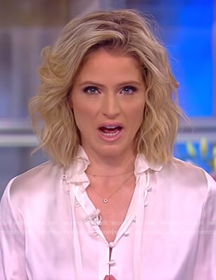Sara’s white satin loop button blouse on The View