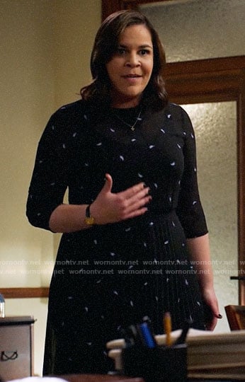 Sara’s black pleated paisley embellished dress on All Rise