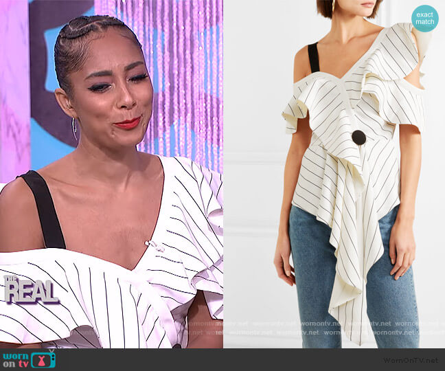 Self Portrait Asymmetric striped crepe top worn by Amanda Seales on The Real