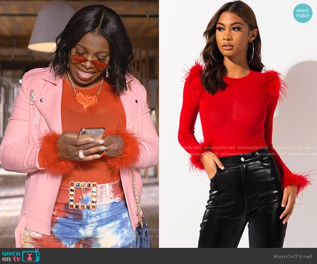 Akira Label Still Not Over You Feather Bodysuit worn by Porsha Taylor (Ta'Rhonda Jones) on Empire