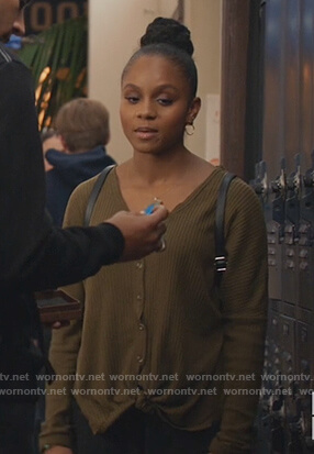 Simone’s green button front sweater on All American