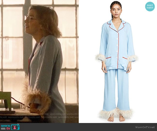 Sleeper Blue PJ Set With Feathers worn by Pepper Smith (Julia Chan) on Katy Keene