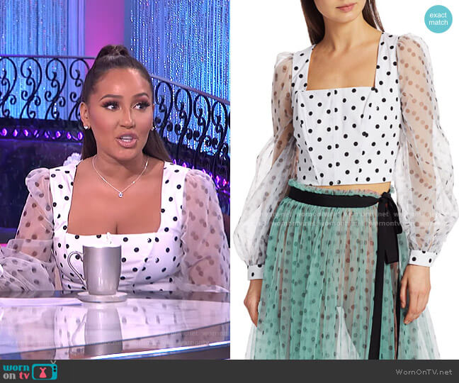 Staud Rose Polka Dot Puff-Sleeve Organza Bustier Top worn by Adrienne Houghton on The Real