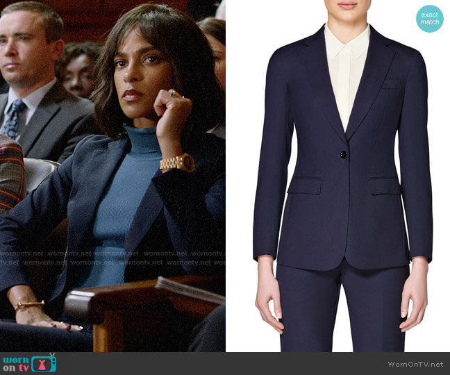 Suistudio Cameron Single Breasted Wool Jacket in Navy worn by Edie Palmer (Megalyn Echikunwoke) on Almost Family