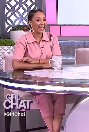 Tamera’s pink short sleeve jumpsuit on The Real