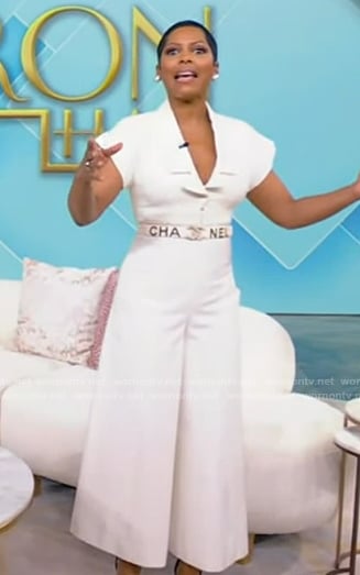 Tamron’s white jumpsuit on Tamron Hall Show