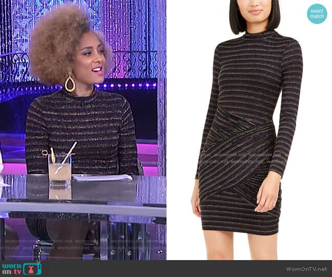 Trina Turk Golden Metallic-Stripe Bodycon Dress worn by Amanda Seales on The Real