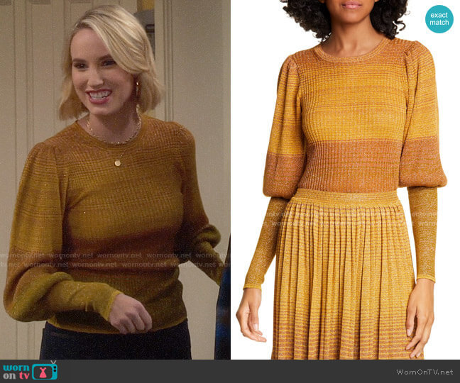 Ulla Johnson Dax Metallic Stripe Sweater worn by Mandy Baxter (Molly McCook) on Last Man Standing