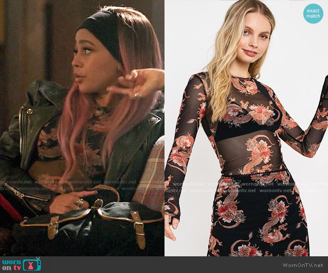Urban Outfitters 90s Dragon Print Mesh Crew Neck Top worn by Toni Topaz (Vanessa Morgan) on Riverdale