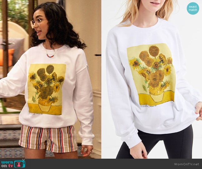 Van Gogh Sunflowers Crew-Neck Pullover Sweatshirt from Urban Outfitters worn by Ashley Garcia (Paulina Chávez) on The Expanding Universe of Ashley Garcia
