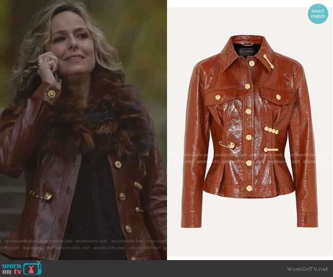 Versace Embellished Textured Patent-Leather Peplum Jacket worn by Jacqueline (Melora Hardin) on The Bold Type
