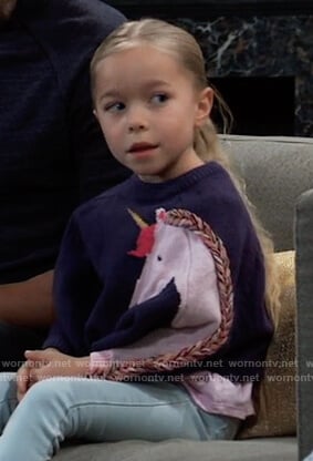 Violet’s navy unicorn sweater on General Hospital