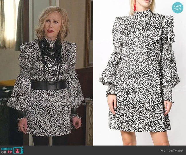 Wandering Leopard Print Dress worn by Moira Rose (Catherine O'Hara) on Schitts Creek