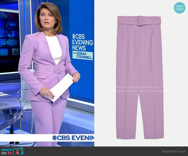 Zara High Waisted Belted Pants worn by Norah O'Donnell on CBS Evening News
