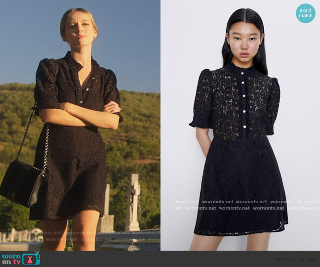 Zara Lace Dress with Jewel Button worn by Carla Roson Caleruega (Ester Exposito) on Elite