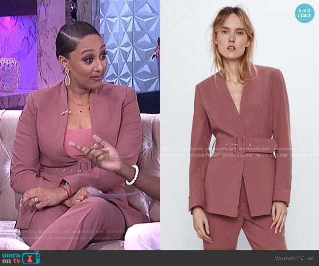 Zara Lapelless Belted Blazer worn by Tamera Mowry on The Real