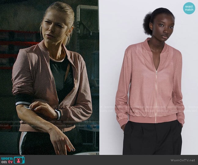 Zara Textured Weave Bomber Jacket worn by Isobel Evans-Bracken (Lily Cowles) on Roswell New Mexico