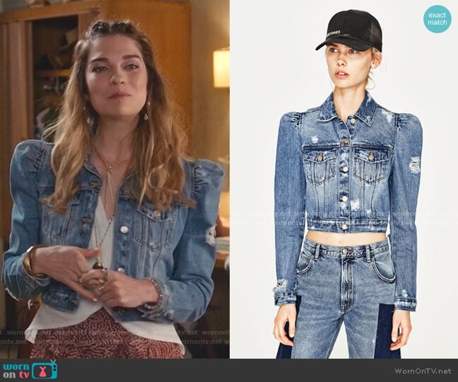 Zara Denim Jacket with Puff Sleeves worn by Alexis Rose (Annie Murphy) on Schitts Creek