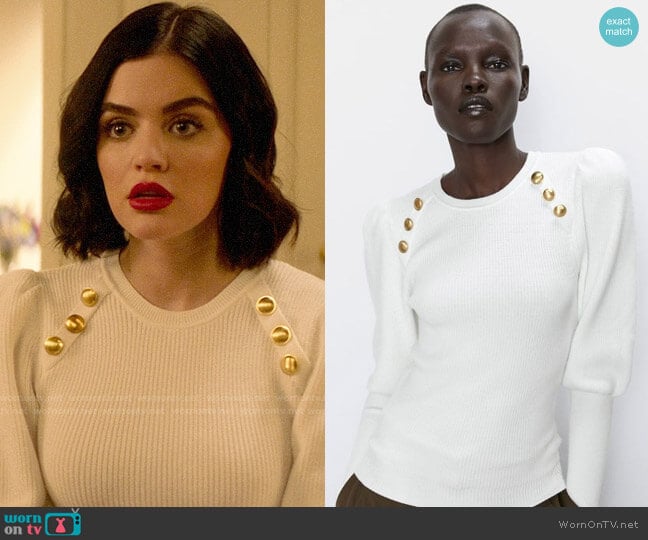 Zara Gold Button Sweater worn by Katy Keene (Lucy Hale) on Katy Keene