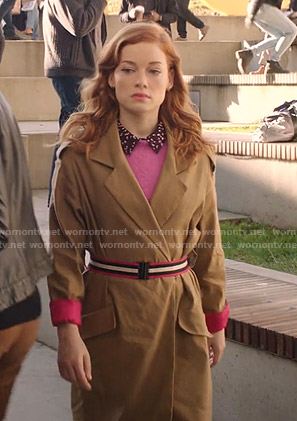 Zoey’s brown trench coat with striped belt on Zoeys Extraordinary Playlist