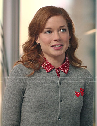Zoey’s grey cardigan with heart patches on Zoeys Extraordinary Playlist