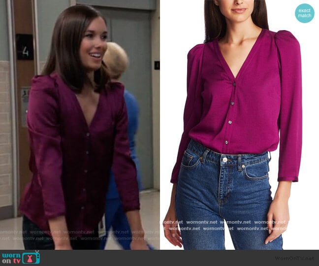 1. State 3/4-Sleeve Puffed-Shoulder Top worn by Willow Tait (Katelyn MacMullen) on General Hospital