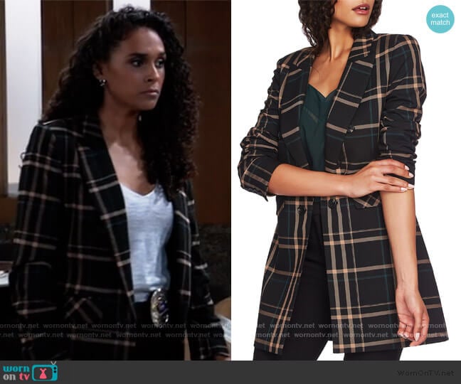 1.State Dynamite Plaid Ruched Sleeve Blazer worn by Jordan Ashford (Briana Nicole Henry) on General Hospital