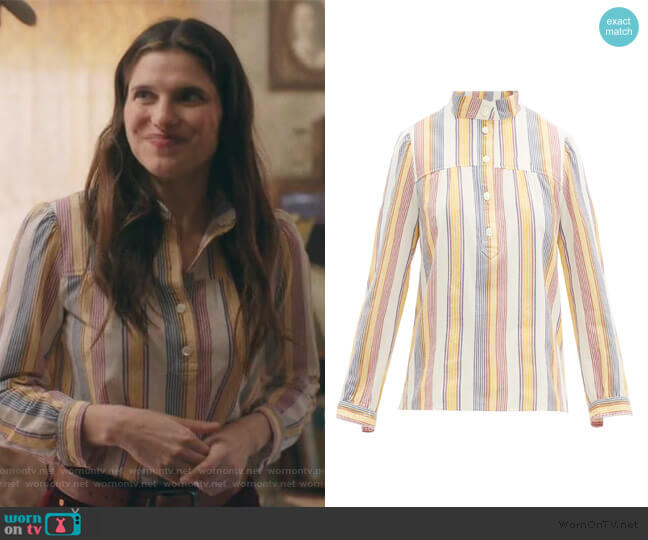 A.P.C. Loula striped cotton-crepe blouse worn by Rio (Lake Bell) on Bless This Mess