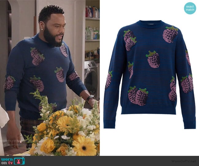 Acne Studios Koray fruit-jacquard sweater worn by Andre Johnson (Anthony Anderson) on Black-ish