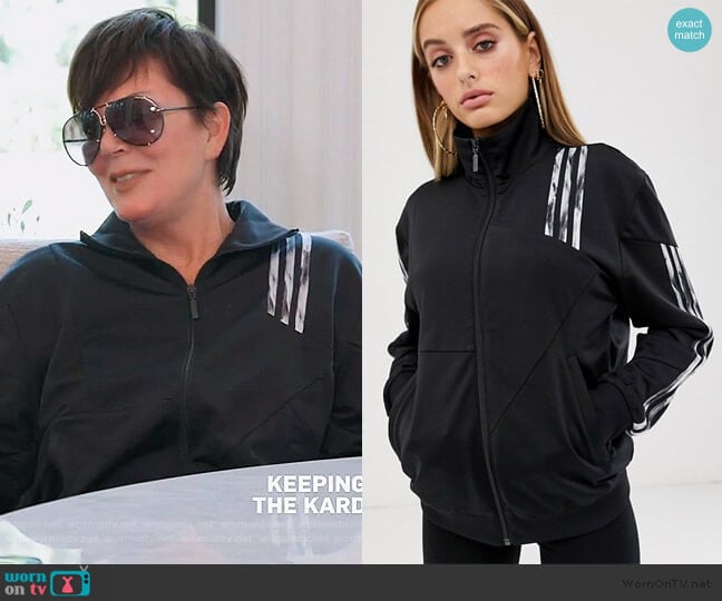 Adidas Danielle Cathari deconstructed Firebird track jacket in black worn by Kris Jenner on Keeping Up with the Kardashians