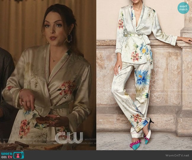 Adriana Iglesias Waldorf Floral Silk Satin Pajama Top worn by Fallon Carrington (Elizabeth Gillies) on Dynasty