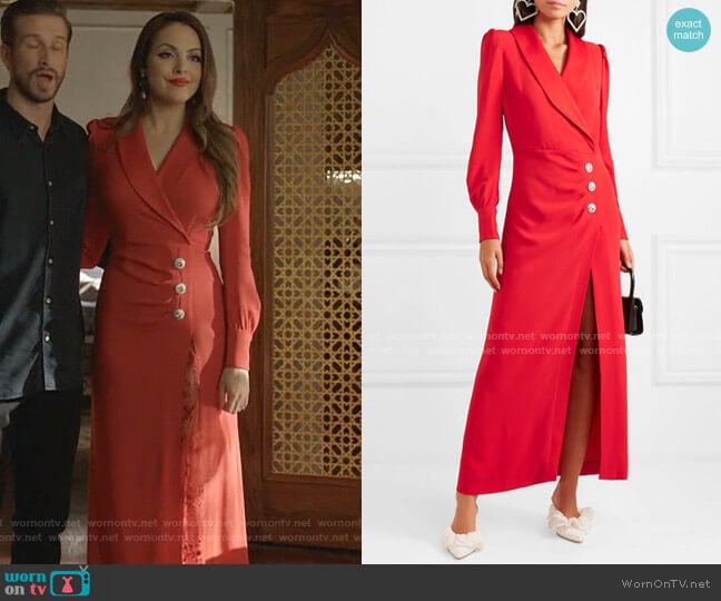 Alessandra Rich Hollywood Crystal-Embellished Stretch-Crepe Maxi Dress worn by Fallon Carrington (Elizabeth Gillies) on Dynasty