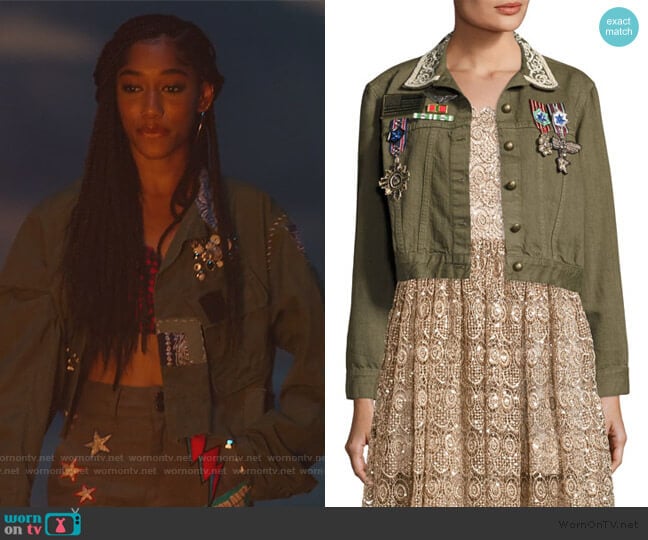 Alice + Olivia Chloe Embroidered Cropped Army Jacket worn by Drea Barris (Iman Benson) on BlackAF