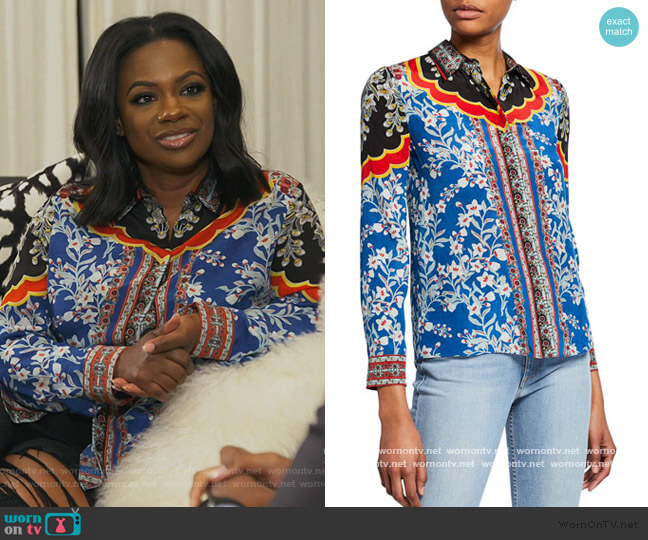 Alice + Olivia Willa Print Silk Shirt worn by Kandi Burruss on The Real Housewives of Atlanta