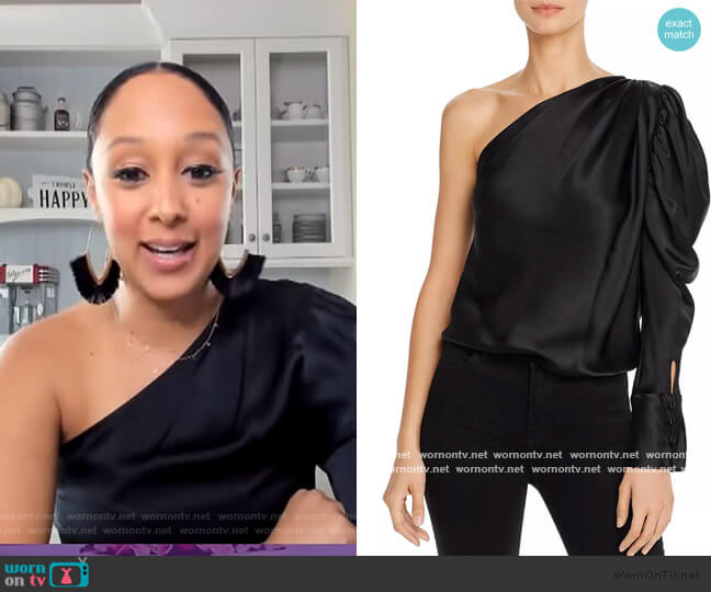 Alix NYC Dakota One-Shoulder Puffed-Sleeve Silk Bodysuit worn by Tamera Mowry on The Real