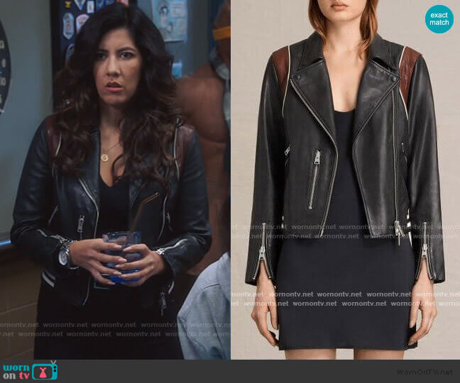 All Saints Panel Balfern Leather Bomber Jacket worn by Rosa Diaz (Stephanie Beatriz) on Brooklyn Nine-Nine