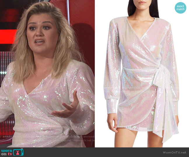 Andamane Carly Sequin Mini Wrap Dress worn by Kelly Clarkson on The Voice