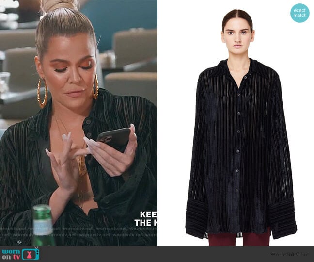 Ann Demeulemeester Striped Velvet Blouse worn by Khloe Kardashian on Keeping Up with the Kardashians