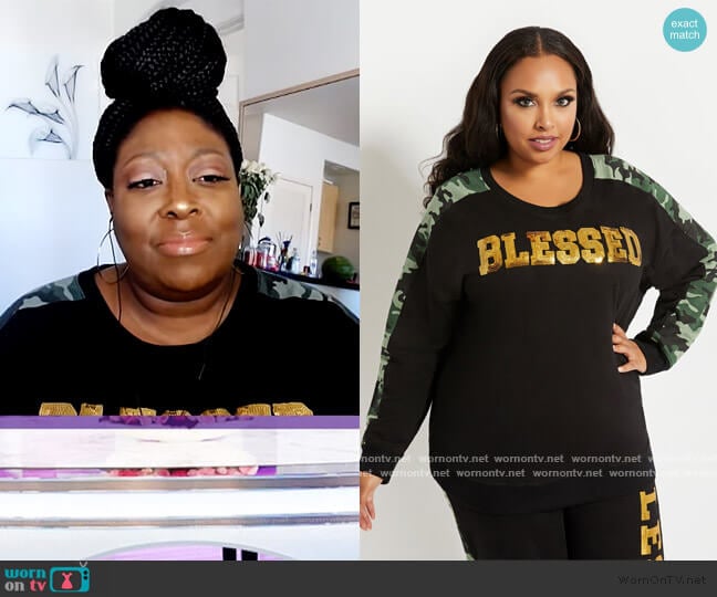 Ashley Stewart Blessed Camo Sweatshirt worn by Loni Love on The Real
