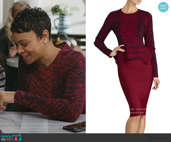 BCBGMAXAZRIA Elizabetta Peplum Jacquard Pullover worn by Angela (Carly Hughes
) on American Housewife