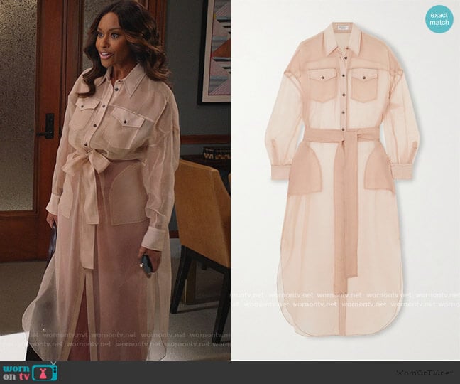 Brunello Cucinelli Bead-embellished silk-chiffon shirt dress worn by Rachel Audubon (Michelle Bathe) on All Rise